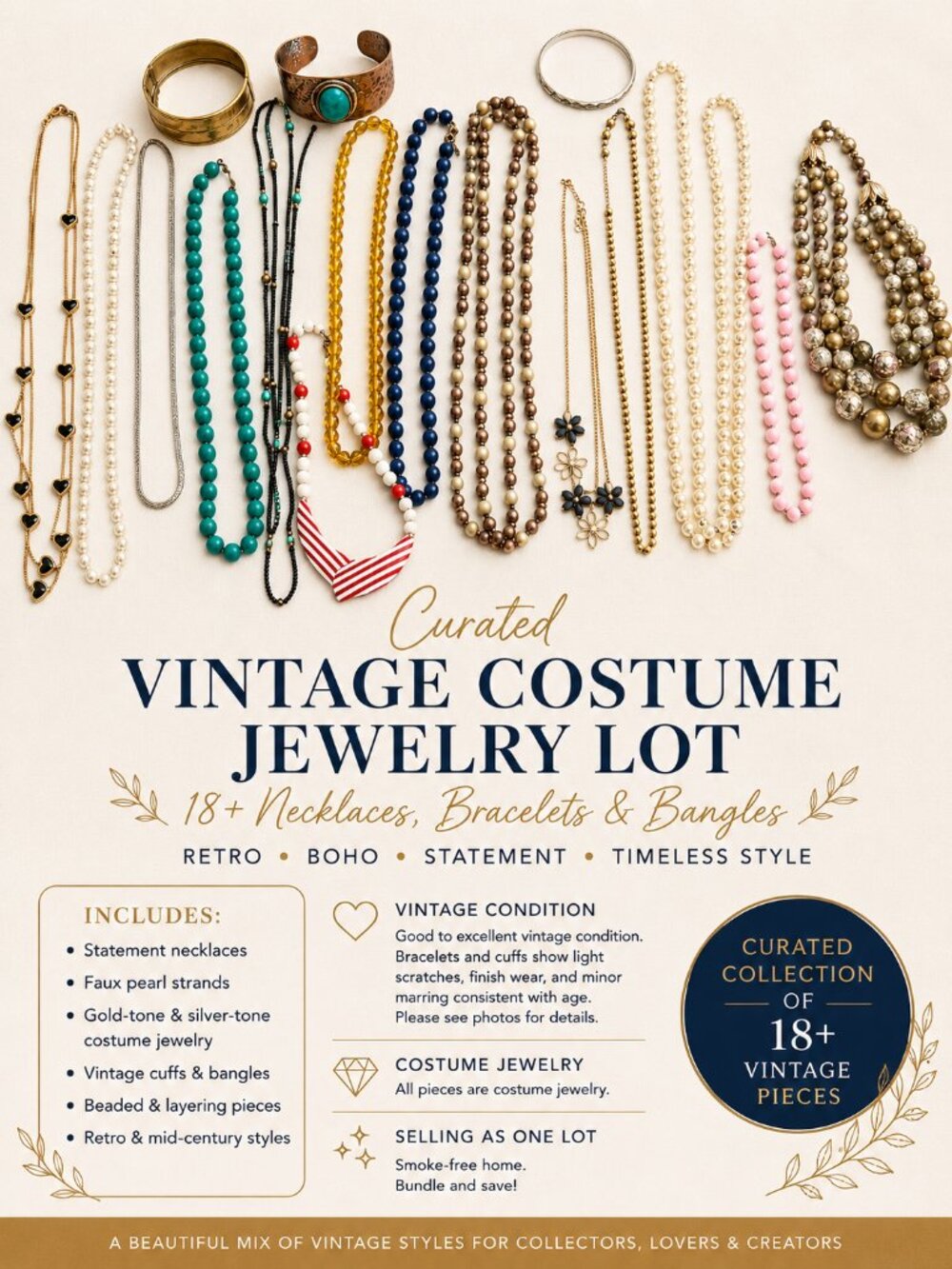 Curated Vintage Costume Jewelry Lot | 18+ Necklaces, Bracelets & Bangle